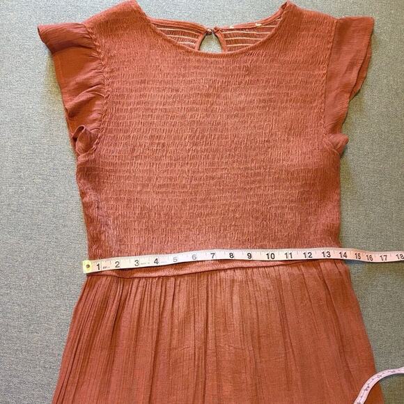 Coral Medium Flutter Sleeve Smocked Midi Dress Womens Casual Tiered Gauze - Picture 10 of 11